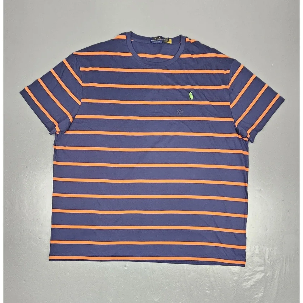 Polo Ralph Lauren T-Shirt Mens XXL Classic Fit Striped Blue Orange Short Sleeve‎